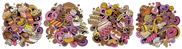 Sobremesas Desenhos Animados Doodle Set Composições Detalhadas Coloridas Com Muitos — Fotografia de Stock