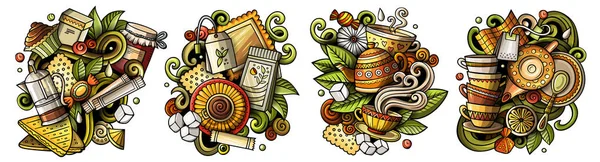 Tea Time Cartoon Doodle Designs Set Colorful Detailed Compositions Lot — Stock Photo, Image