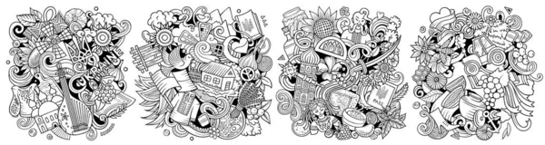 Ukraina Kreskówki Doodle Wzory Zestaw Linia Sztuki Szczegółowe Kompozycje Dużą — Zdjęcie stockowe