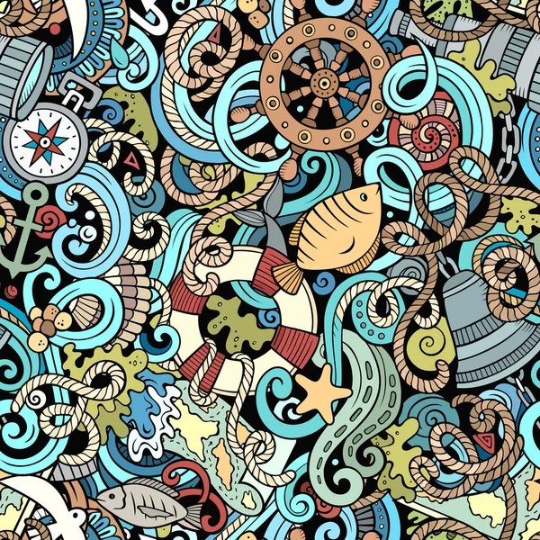 Kreskówka Bazgroły Żeglarski Bezszwowy Wzór Tło Symbolami Przedmiotami Morskimi Kolorowe — Wektor stockowy