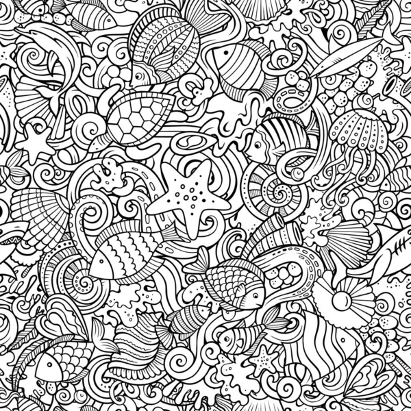 Tecknad Doodles Sea Life Sömlös Mönster Bakgrund Med Undervattenssymboler Och — Stock vektor