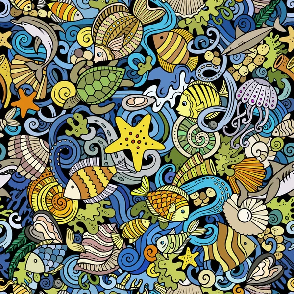Мультяшні Каракулі Sea Life Безшовний Візерунок Фон Підводними Символами Елементами — стоковий вектор