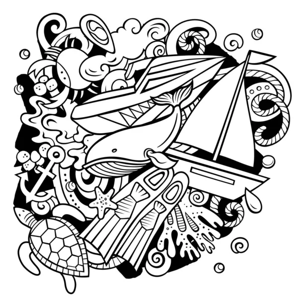 Mergulho Desenho Animado Vetor Doodles Ilustração Elementos Esportes Aquáticos Objetos —  Vetores de Stock