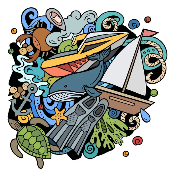 Mergulho Desenho Animado Vetor Doodles Ilustração Elementos Esportes Aquáticos Objetos — Vetor de Stock