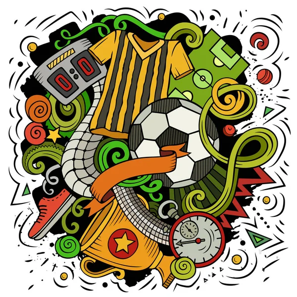 Kreskówka Wektor Doodles Piłka Nożna Ilustracja Kolorowy Szczegółowy Mnóstwem Obiektów — Wektor stockowy