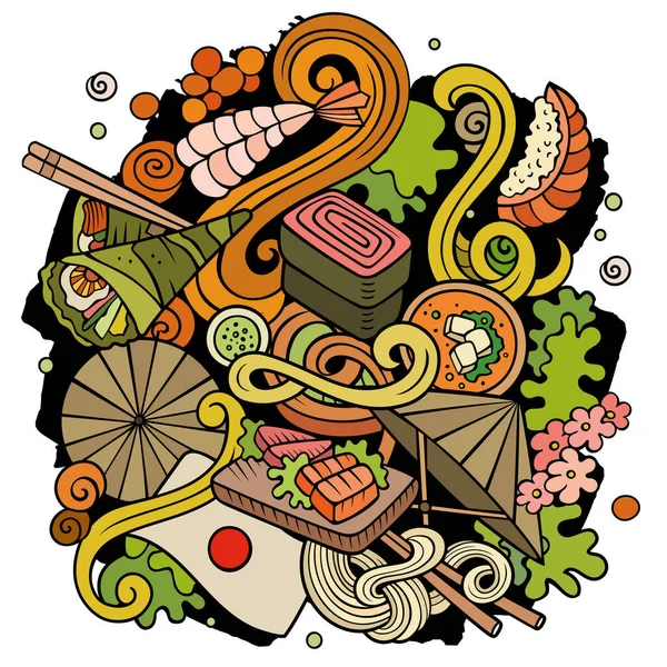 卡通病媒涂鸦日本食品说明 色彩斑斓 有大量的对象背景 所有物体分离 色彩艳丽的日本菜 — 图库矢量图片
