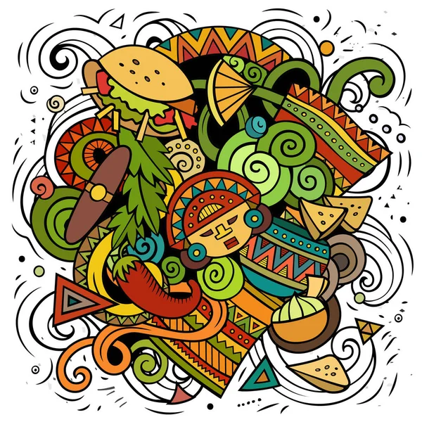 墨西哥卡通矢量涂鸦说明 五颜六色的精美构图 有许多墨西哥的物体和符号 — 图库矢量图片
