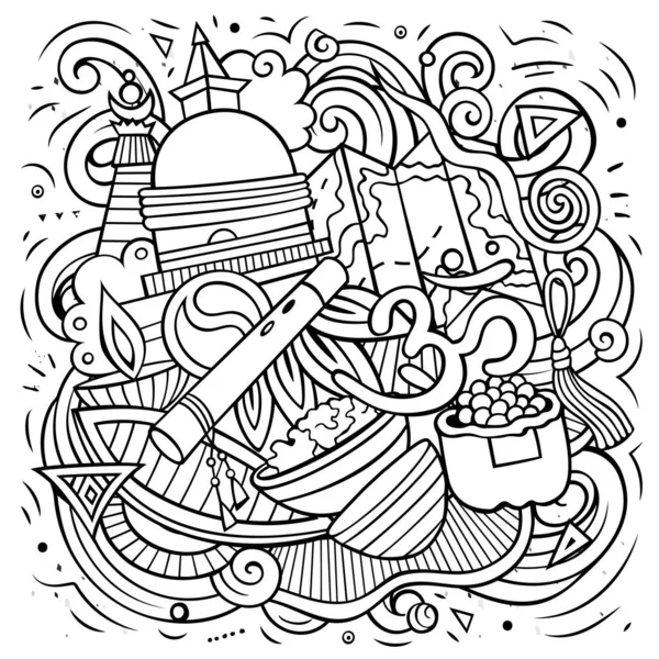 Illustration Vectorielle Gribouillage Dessin Animé Népalais Art Linéaire Composition Détaillée — Image vectorielle