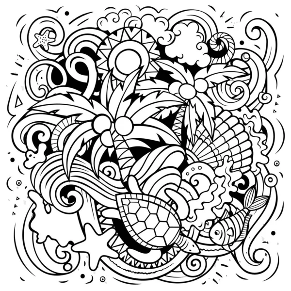 塞舌尔卡通矢量涂鸦说明 带有大量异国岛屿物体和符号的简洁而细致的构图 — 图库矢量图片