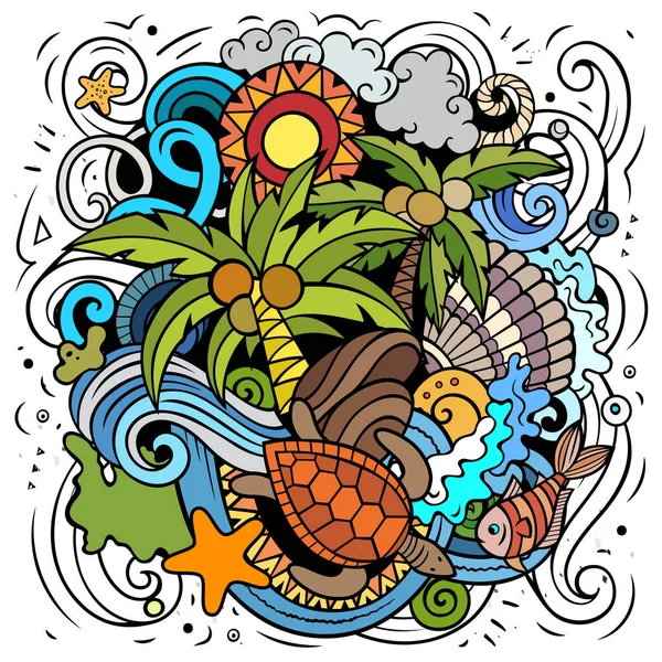 Karikaturenvektorkritzelillustration Der Seychellen Farbenfrohe Detailkomposition Mit Vielen Exotischen Inselobjekten Und — Stockvektor