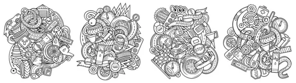 Автосервис Cartoon Dodle Дизайн Комплект Детальные Композиции Большим Количеством Автомобильных — стоковое фото