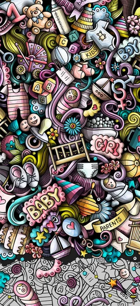 赤ちゃんのバナー 漫画の詳細なチラシ 幼児のオブジェクトと記号のイラスト カラフルな縦の背景 — ストック写真