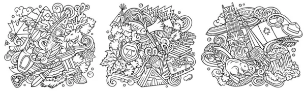 Kanadyjska Kreskówka Doodle Design Set Linia Sztuki Szczegółowe Kompozycje Dużą — Zdjęcie stockowe