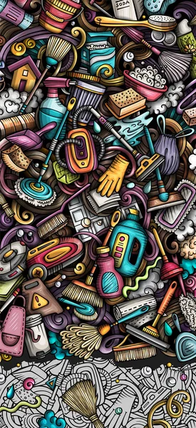 Doodle Transzparenst Tisztítok Rajzfilm Részletes Szórólap Illusztráció Tisztító Tárgyakkal Szimbólumokkal — Stock Fotó