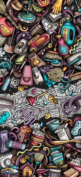 Cleaning doodle banner. Cartoon  detailed flyer. Illustration with cleanup objects and symbols. Colorful background