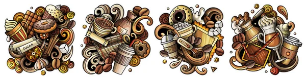 Café Desenhos Animados Doodle Set Composições Detalhadas Coloridas Com Muitos — Fotografia de Stock