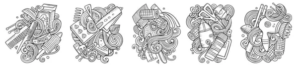 Salon Fryzjerski Kreskówki Doodle Projekty Zestaw Sketchy Szczegółowe Kompozycje Dużą — Zdjęcie stockowe