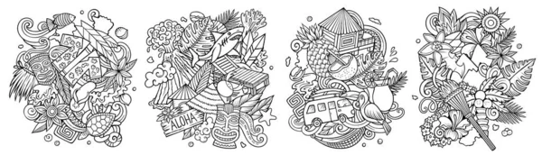 夏威夷卡通涂鸦设计集 五颜六色的细部作品 有许多夏威夷的物体和符号 — 图库照片