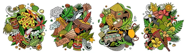 夏威夷卡通涂鸦设计集 五颜六色的细部作品 有许多夏威夷的物体和符号 — 图库照片