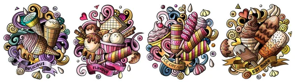 冰淇淋卡通涂鸦设计集 色彩艳丽的精美构图 有许多甜食的物体和符号 — 图库照片