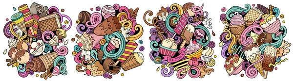 アイスクリームの漫画の落書きのデザインを設定します 甘い食べ物のオブジェクトやシンボルの多くとカラフルな詳細な組成物 — ストック写真