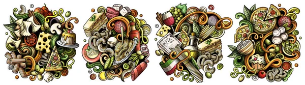 意大利食品卡通涂鸦设计集 五颜六色的精美构图 有许多意大利美食的物件和符号 — 图库照片