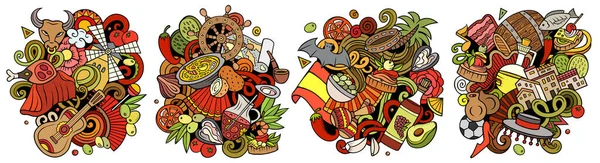 España Dibujos Animados Doodle Diseños Conjunto Coloridas Composiciones Detalladas Con —  Fotos de Stock