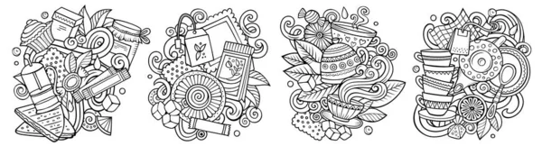 Tea time cartoon  doodle designs set. Line art detailed compositions with lot of beverage objects and symbols.