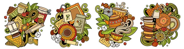 Tea time cartoon  doodle designs set. Colorful detailed compositions with lot of beverage objects and symbols.