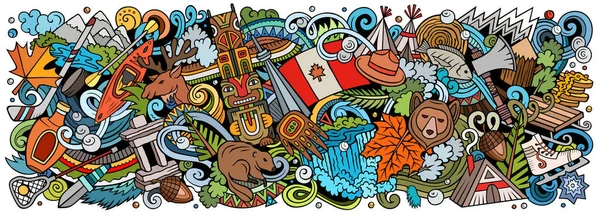 カナダの漫画のドアイラスト 面白いカナダのバナーデザイン 北アメリカの国の要素とオブジェクトと創造的な背景 カラフルな構図 — ストック写真