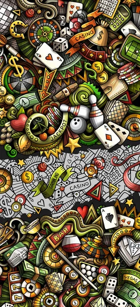 Casino doodle banner. Cartoon  detailed flyer. Illustration with gambling objects and symbols. Colorful background