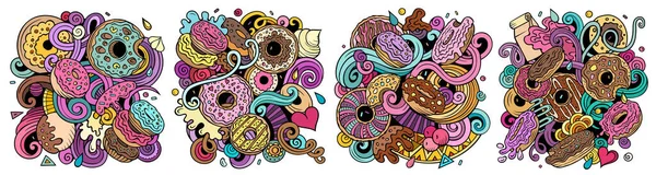 Donuts Desenhos Animados Doodle Set Composições Detalhadas Coloridas Com Muitos — Fotografia de Stock
