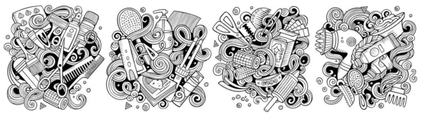 Hair Salon Tekenfilm Doodle Ontwerpen Set Sketchy Gedetailleerde Composities Met — Stockfoto