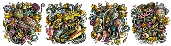 Hippie cartoon  doodle designs set. Colorful detailed compositions with lot of Hippy culture objects and symbols.