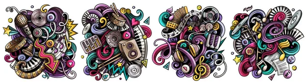 Music cartoon  doodle designs set. Colorful detailed compositions with lot of musical objects and symbols.