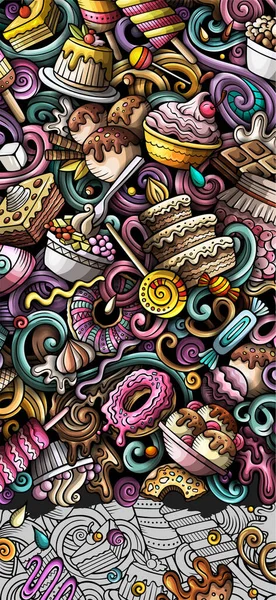 Desery Ręcznie Rysowane Baner Bazgroły Szczegółowa Ulotka Kreskówki Ilustracja Słodyczami — Zdjęcie stockowe