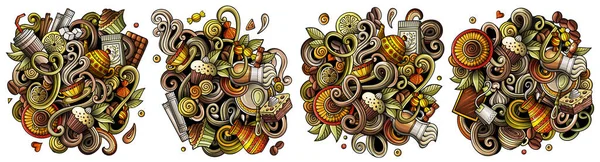 Cafe Cartoon Doodle Designs Set Colorful Detailed Compositions Lot Beverages — Stock Photo, Image