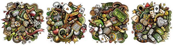 Casino cartoon  doodle designs set. Colorful detailed compositions with lot of gambling objects and symbols.