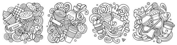 Coffee Cartoon Doodle Designs Set Line Art Detailed Compositions Lot — Stock Photo, Image