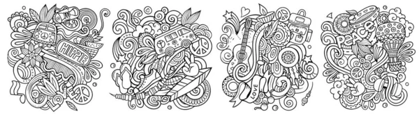 Hippie Desenhos Animados Doodle Set Linha Arte Composições Detalhadas Com — Fotografia de Stock