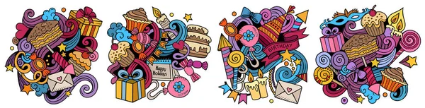 Cumpleaños Dibujos Animados Doodle Diseños Conjunto Coloridas Composiciones Detalladas Con — Foto de Stock
