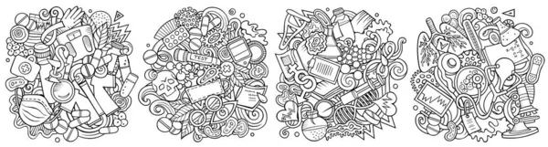 Nail salon cartoon  doodle designs set. Line art detailed compositions with lot of Manicure objects and symbols