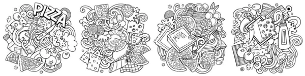 Pizza Cartone Animato Doodle Disegni Set Sketchy Composizioni Dettagliate Con — Foto Stock