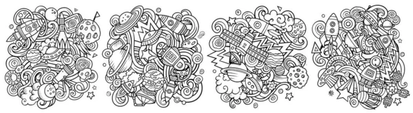 Espaço Desenhos Animados Doodle Set Composições Detalhadas Esboçadas Com Muitos — Fotografia de Stock