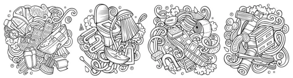 Badkamer Cartoon Doodle Ontwerpen Set Line Art Gedetailleerde Composities Met — Stockfoto