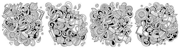 Cafe Cartone Animato Doodle Disegni Set Linea Arte Composizioni Dettagliate — Foto Stock