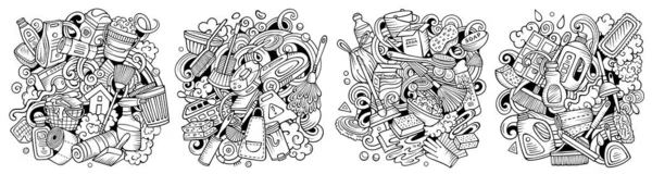 Reinigung Cartoon Doodle Designs Set Linienkunst Detailkompositionen Mit Vielen Aufräumenden — Stockfoto