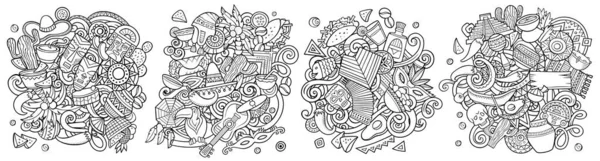 Latin America cartoon doodle designs set. Sketchy detailed compositions with lot of Latin American objects and symbols