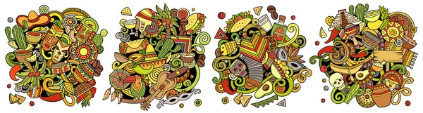 Λατινοαμερικάνικα Σχέδια Καρτούν Πολύχρωμες Λεπτομερείς Συνθέσεις Πολλά Αντικείμενα Και Σύμβολα — Φωτογραφία Αρχείου