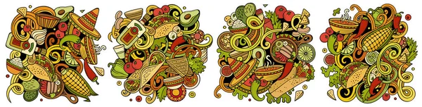 メキシコ料理の漫画の人形のデザインを設定します ラテンアメリカ料理のオブジェクトやシンボルの多くとカラフルな詳細な組成物 — ストック写真